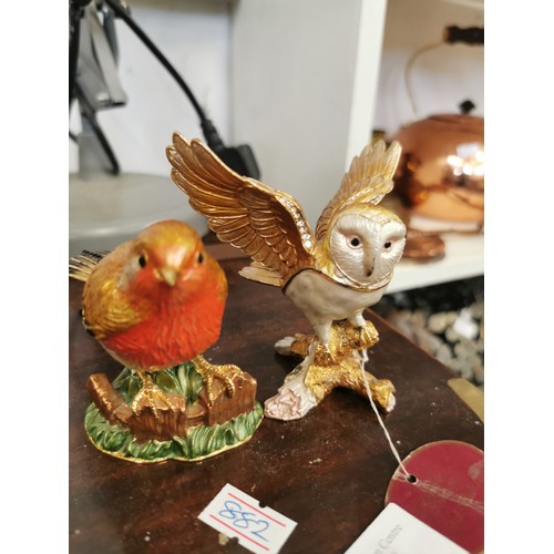 120 - OWL ENAMEL TRINKET POT AND A METAL ROBIN WITH TINY GEM DETAIL