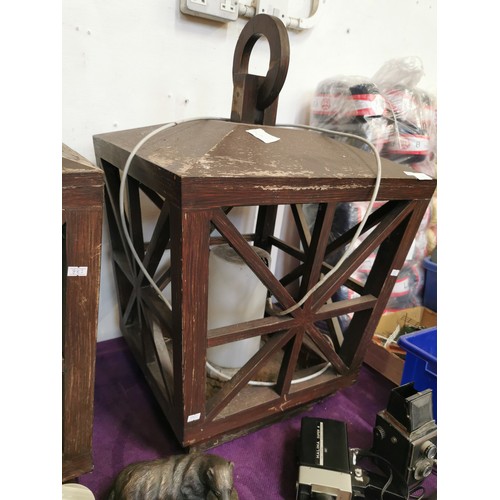 139 - PAIR OF STUNNING HUGE WOODEN LANTERNS FOR OUTDOOR USE WITH ELECTRIC CABLING, APPROX 32