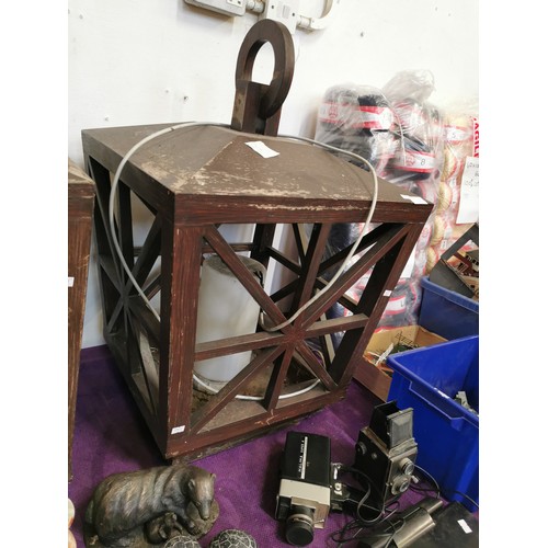 139 - PAIR OF STUNNING HUGE WOODEN LANTERNS FOR OUTDOOR USE WITH ELECTRIC CABLING, APPROX 32