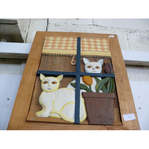 169 - CARVED WOODEN WALL HANGING OF 2 CATS GAZING OUT OF A WINDOW