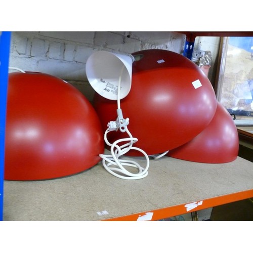 187 - 3 X MATCHING LARGE RED METAL DOME LIGHT FITTINGS FROM IKEA