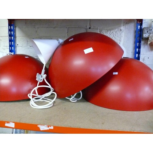 187 - 3 X MATCHING LARGE RED METAL DOME LIGHT FITTINGS FROM IKEA