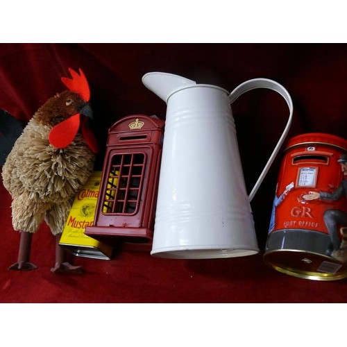 229 - RED POST BOX AND PHONE BOX MONEY BOXES, COLMANS TIN, ENAMEL JUG AND A CHICKEN