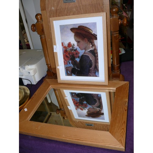 269 - PINE FRAMED RECTANGULAR WALL MRROR PLUS A PINE FRAMED PRINT OF A GIRL