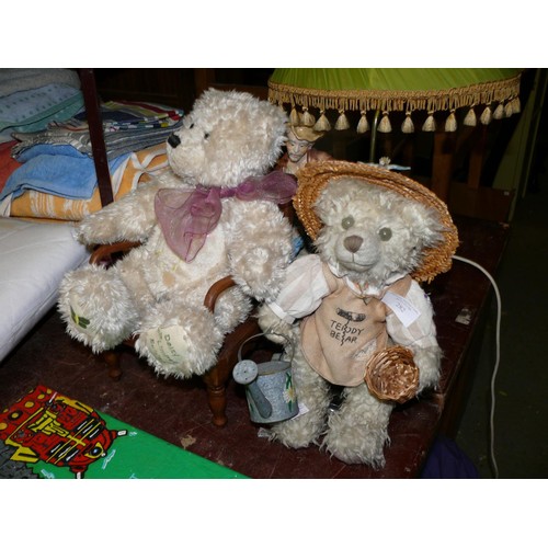 282 - 2 VINTAGE TEDDY BEARS AND A WOODEN ARMCHAIR