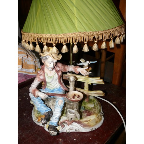 283 - LARGE CAPODIMONTE TABLE LAMP, GENTLEMAN ON A BENCH