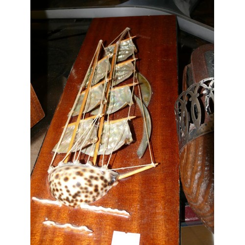 288 - A SHELL SHIP ON A WOODEN PLAQUE, 2 HORSE BRASSES AND A WOOD AND SILVER PLATE CLOTHES BRUSH AND HOLDE... 