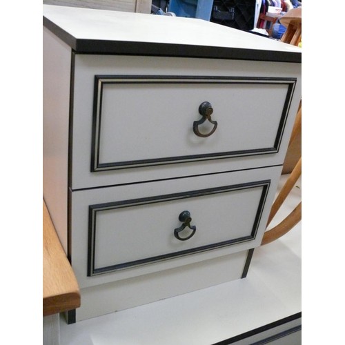 345 - LARGE RETRO CREAM CHEST OF DRAWERS WITH BROWN TRIM AND A MATCHING BEDSIDE