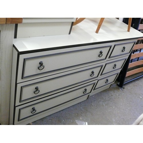 345 - LARGE RETRO CREAM CHEST OF DRAWERS WITH BROWN TRIM AND A MATCHING BEDSIDE