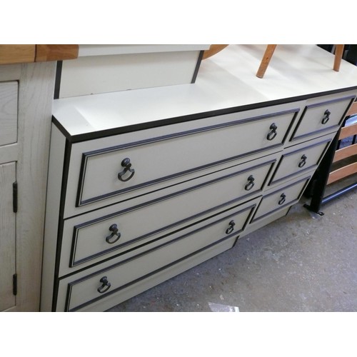 345 - LARGE RETRO CREAM CHEST OF DRAWERS WITH BROWN TRIM AND A MATCHING BEDSIDE