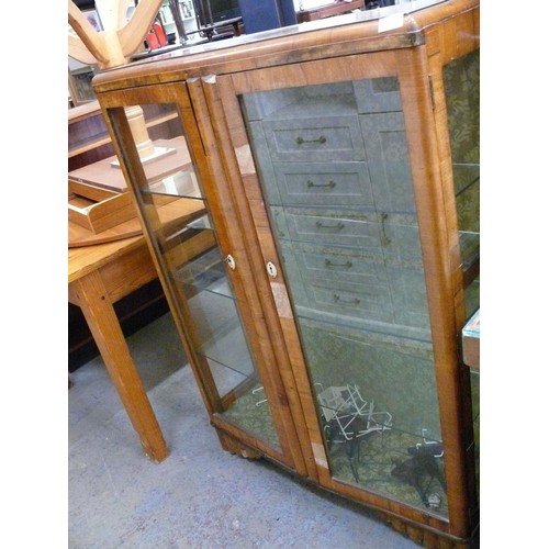 349 - VINTAGE WALNUT VENEER DISPLAY CABINET WITH GLAZED DOORS AND GLASS SHELVES