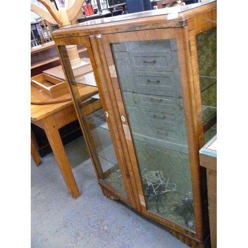 349 - VINTAGE WALNUT VENEER DISPLAY CABINET WITH GLAZED DOORS AND GLASS SHELVES