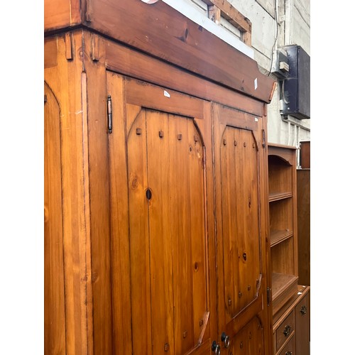 366 - LARGE HEAVY PINE DOUBLE WARDROBE WTH 2 DRAWERS BELOW