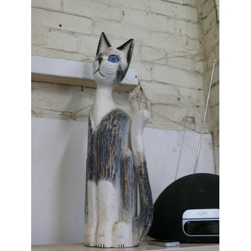 60 - 3 LARGE CAT FIGURES INCLUDING TALL WOODEN HAND PAINTED AND CARVED (TALLEST 31