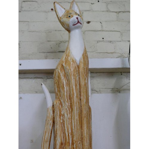 60 - 3 LARGE CAT FIGURES INCLUDING TALL WOODEN HAND PAINTED AND CARVED (TALLEST 31