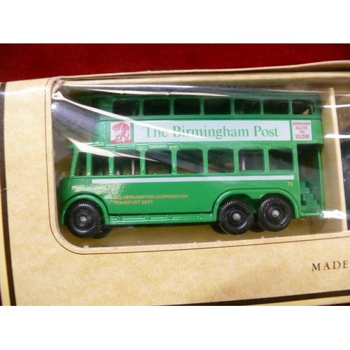 68 - LLEDO DAYS GONE 3 BUSES WITH NEWSPAPER LOGOS - BOXED AND 3 RAILWAY EXPRESS PARCEL VANS - BOXED