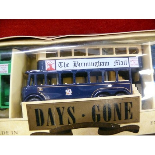 68 - LLEDO DAYS GONE 3 BUSES WITH NEWSPAPER LOGOS - BOXED AND 3 RAILWAY EXPRESS PARCEL VANS - BOXED