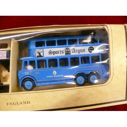 68 - LLEDO DAYS GONE 3 BUSES WITH NEWSPAPER LOGOS - BOXED AND 3 RAILWAY EXPRESS PARCEL VANS - BOXED