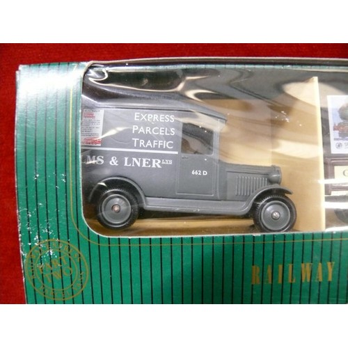 68 - LLEDO DAYS GONE 3 BUSES WITH NEWSPAPER LOGOS - BOXED AND 3 RAILWAY EXPRESS PARCEL VANS - BOXED