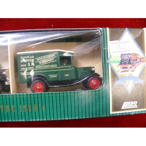 68 - LLEDO DAYS GONE 3 BUSES WITH NEWSPAPER LOGOS - BOXED AND 3 RAILWAY EXPRESS PARCEL VANS - BOXED