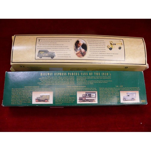 68 - LLEDO DAYS GONE 3 BUSES WITH NEWSPAPER LOGOS - BOXED AND 3 RAILWAY EXPRESS PARCEL VANS - BOXED
