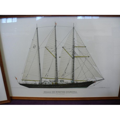 113 - 2 FRAMED YACHT PRINTS BY C V WAINE INC SCHOONER KATHLEEN & MAY AND SCHOONER SIR WINSTON CHURCHILL
