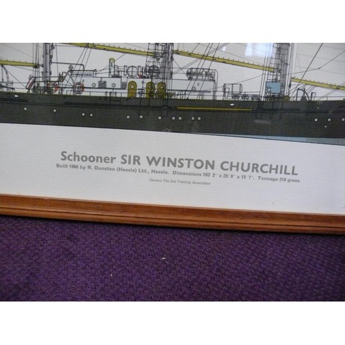 113 - 2 FRAMED YACHT PRINTS BY C V WAINE INC SCHOONER KATHLEEN & MAY AND SCHOONER SIR WINSTON CHURCHILL
