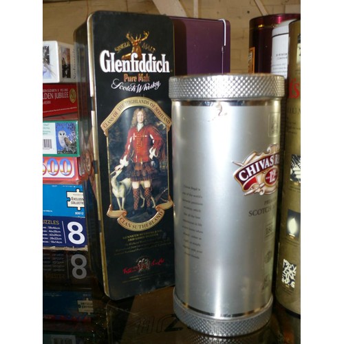 157 - 8 COLLECTABLE WHISKY TINS GLENMORANGIE, GLENLIVET, GRANTS, CHIVAS REGAL, GLENFIDDICH, THE SIX ISLES,... 
