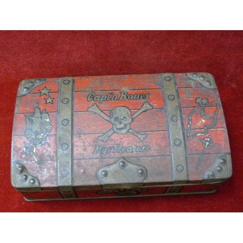 217 - TREASURE CHEST TIN FULL OF VINTAGE KEYS AND A LARGE OLD BRASS KEY BOTTLE OPENER