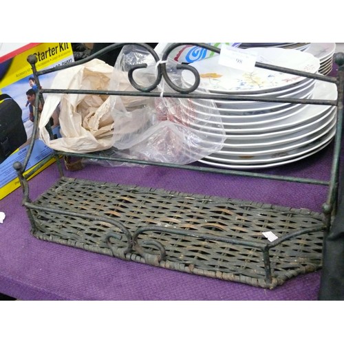 98 - A SMALL VINTAGE METAL SHELF PLUS A CAST IRON GOOSE DOORSTOP