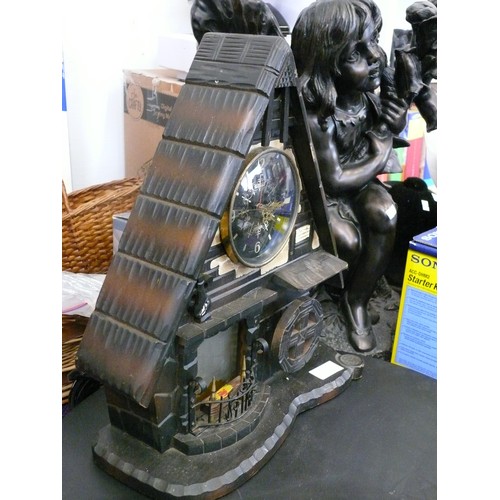 116 - WOODEN COTTAGE CLOCK WITH LIGHT UP FIRE BY PRESIDENT HOME FIRE