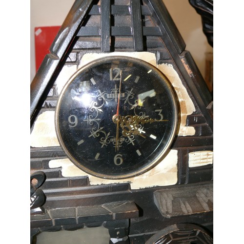 116 - WOODEN COTTAGE CLOCK WITH LIGHT UP FIRE BY PRESIDENT HOME FIRE