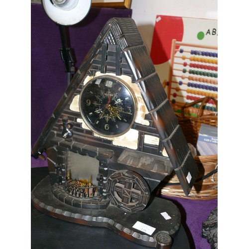 116 - WOODEN COTTAGE CLOCK WITH LIGHT UP FIRE BY PRESIDENT HOME FIRE
