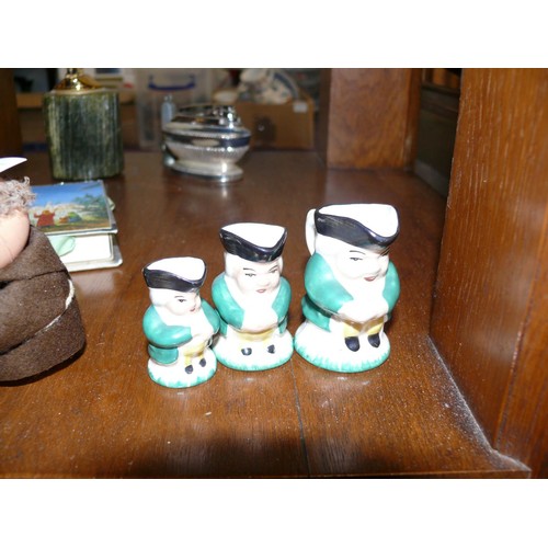 228 - 3 MINIATURE CHARACTER JUGS, NOVETY MONK AND NUN PLUS HANDMADE MATCH BOX HOLDER
