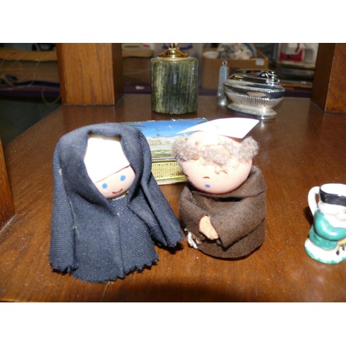 228 - 3 MINIATURE CHARACTER JUGS, NOVETY MONK AND NUN PLUS HANDMADE MATCH BOX HOLDER