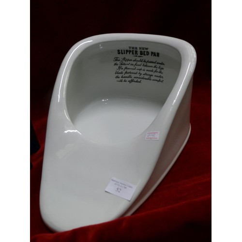 52 - SLIPPER BED PAN TOGETHER WITH TWO MILK OF MAGNESIA BLUE BOTTLES & AN ANTIQUE MINIM MEASURE IN LEATHE... 