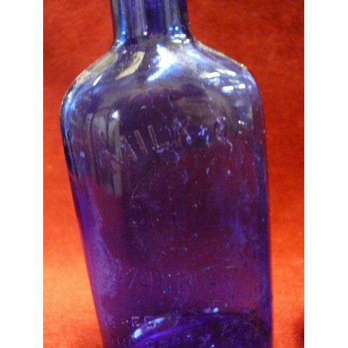 52 - SLIPPER BED PAN TOGETHER WITH TWO MILK OF MAGNESIA BLUE BOTTLES & AN ANTIQUE MINIM MEASURE IN LEATHE... 