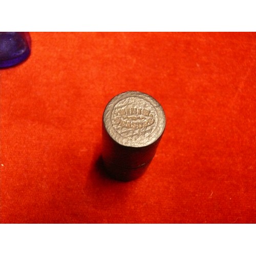 52 - SLIPPER BED PAN TOGETHER WITH TWO MILK OF MAGNESIA BLUE BOTTLES & AN ANTIQUE MINIM MEASURE IN LEATHE... 