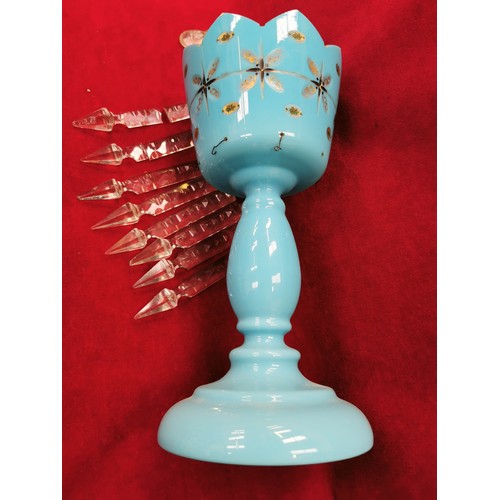 154 - Blue lustre art glass vase with crystal pendant drops. (A couple of the drops are damaged).