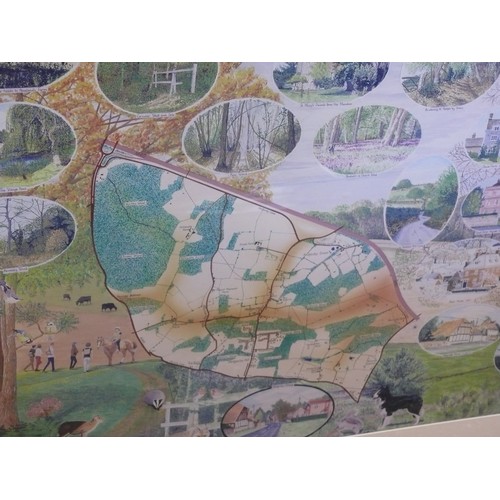 195 - LARGE PICTORAL MAP PLACES OF INTEREST IN  HEDGERLEY BUCKINGHAMSHIRE, FRAMED AND GLAZED 42