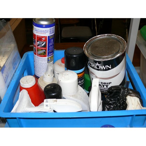 355 - 2 BOXES OF PAINTS, VANISH AND CLEANING ITEMS, MANY CAR RELATED