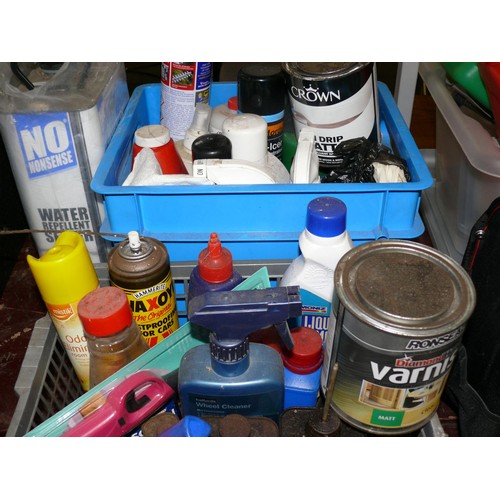 355 - 2 BOXES OF PAINTS, VANISH AND CLEANING ITEMS, MANY CAR RELATED