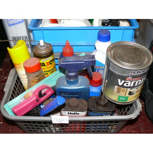 355 - 2 BOXES OF PAINTS, VANISH AND CLEANING ITEMS, MANY CAR RELATED
