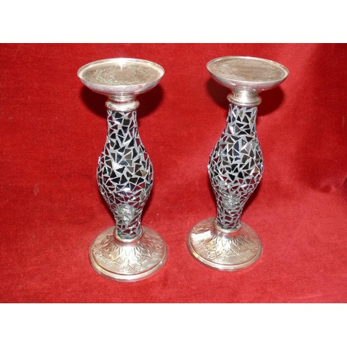61 - PAIR OF GREY MIRROR MOSAIC & SILVER METAL CANDLE STANDS