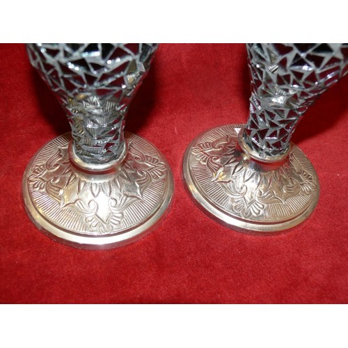 61 - PAIR OF GREY MIRROR MOSAIC & SILVER METAL CANDLE STANDS