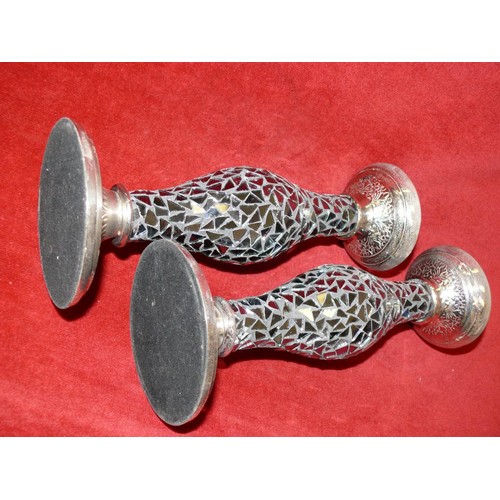 61 - PAIR OF GREY MIRROR MOSAIC & SILVER METAL CANDLE STANDS