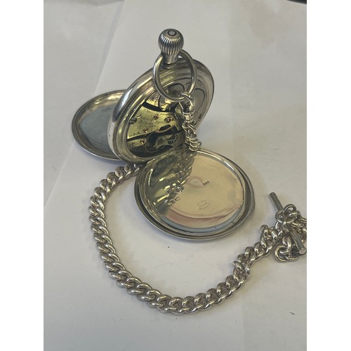 18 - A SOLID SILVER POCKET WALTHAM USA WATCH AND ALBERT 19 JEWELS FULLY WORKING AND CLEAN HUNTER DATE HAL... 
