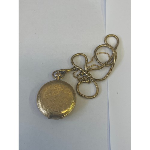 20 - JEAN PIERRE FULL HUNTER SKELETON GOLD PLATED POCKET WATCH WITH CHAIN IN ORIGINAL BOX.