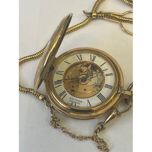 20 - JEAN PIERRE FULL HUNTER SKELETON GOLD PLATED POCKET WATCH WITH CHAIN IN ORIGINAL BOX.