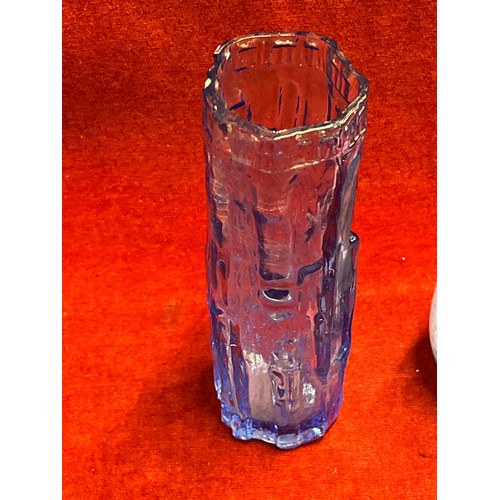 53 - A RARE CAITHNESS GLASS POT LILAC MOTTLED SWIRL PLUS A RAVENHEAD BLUE BARK VASE